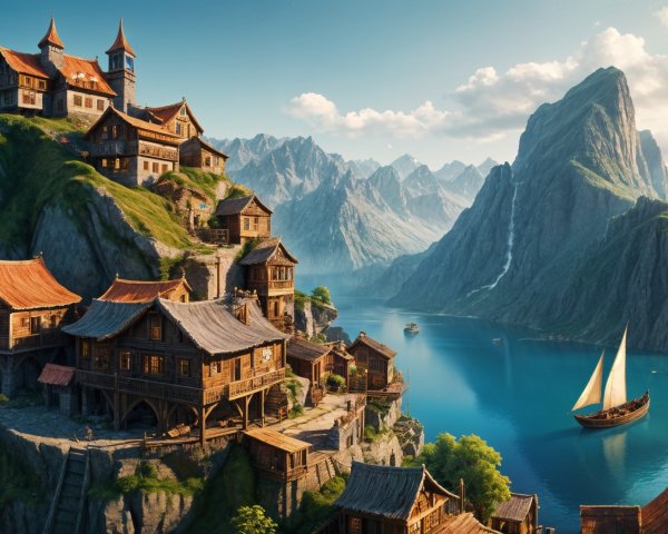 Picturesque Village on Rocky Cliff with Serene Lake