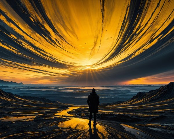 Lone Figure Against Dramatic Sunset and Rugged Terrain