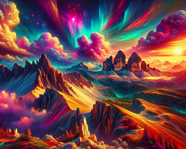 Vibrant Sunset Over Jagged Mountains and Dramatic Sky