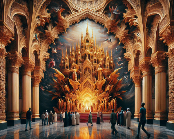 Ornate hall with towering columns and golden castle