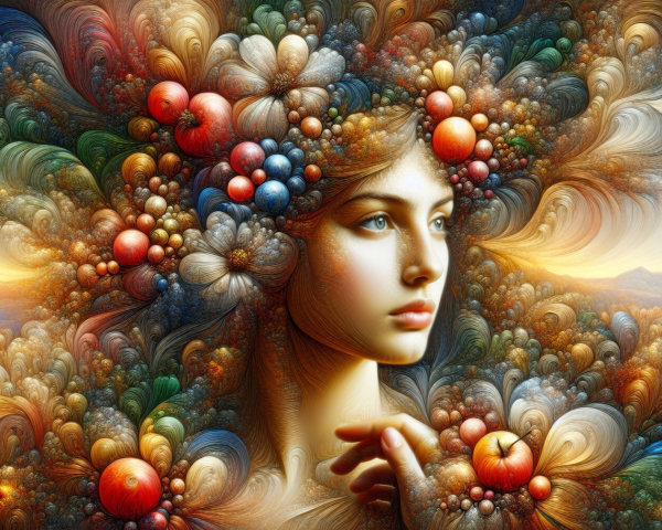 Ethereal Female Face Surrounded by Colorful Patterns