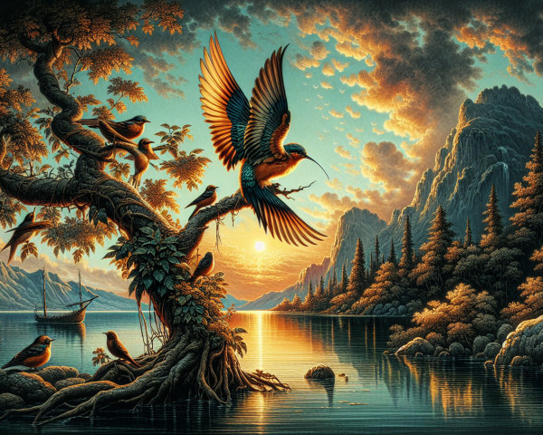 Serene Sunset Landscape with Tree and Lake