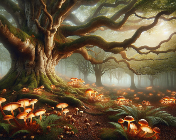Majestic Tree in Misty Forest with Vibrant Mushrooms