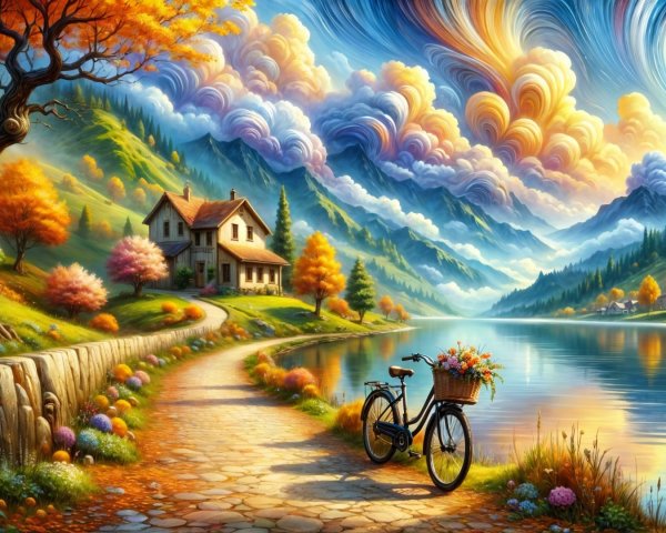 Serene Lake with Charming House and Autumn Foliage