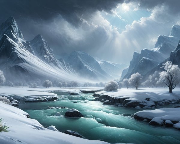 Winter Landscape with Snow-Capped Mountains and River