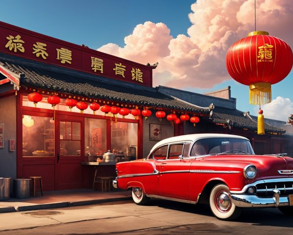 Classic Red Car by Traditional Chinese Tea House