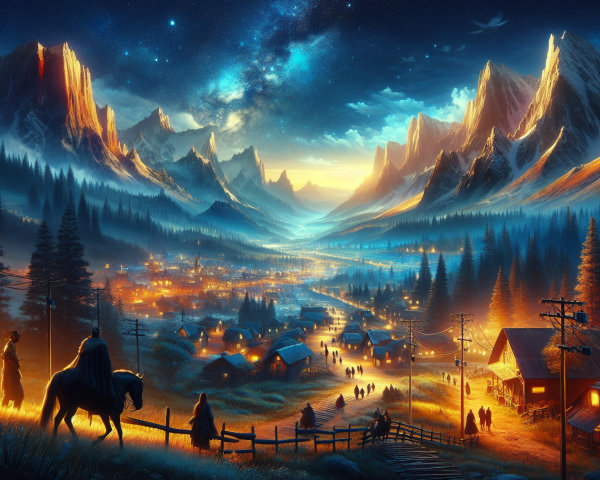 Twilight Valley with Mountains and Rustic Homes