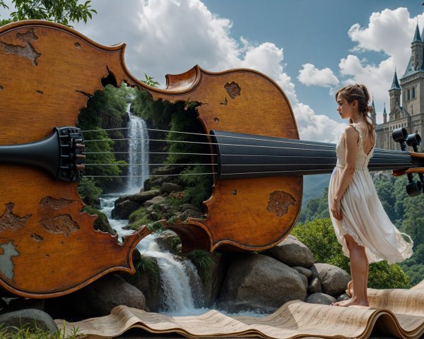 Giant Carved Violin with Waterfall in Enchanted Landscape