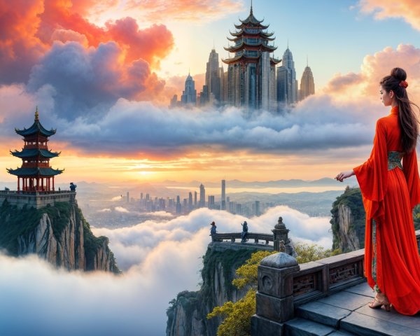 Serene landscape with woman in red robe and pagodas