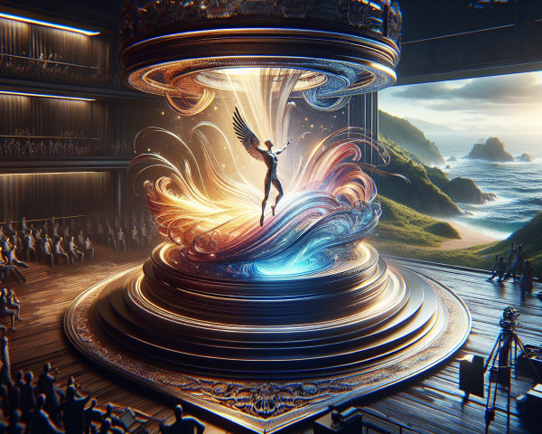 Theater Performance Featuring Winged Figure and Colors