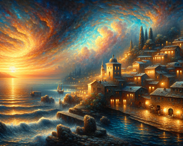 Seaside Village at Sunset with Calm Waters and Clouds