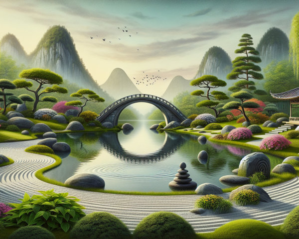 Serene Landscape with Pond, Bridge, and Gazebo