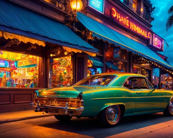 Vintage Green Car Near Charming Shop at Twilight