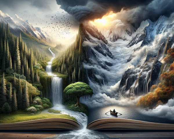 Contrasting Landscapes in an Open Book Illustration