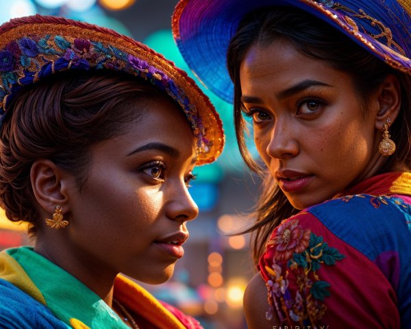 Two Women in Traditional Attire with Vibrant Embroidery