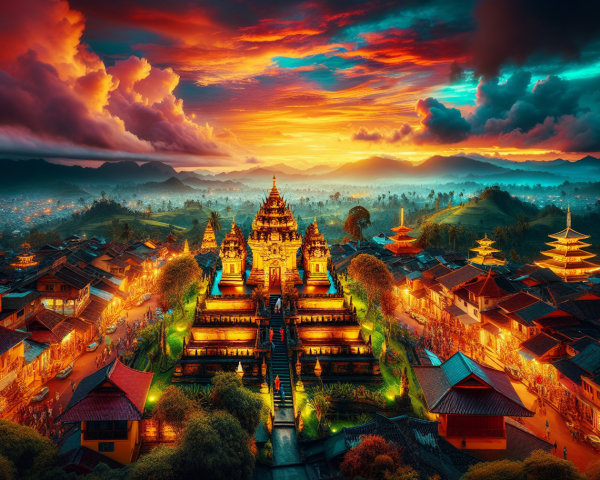 Vibrant Sunset Over Majestic Temple Complex and Hills