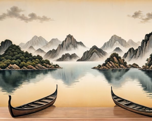 Serene landscape mural with misty mountains and waters