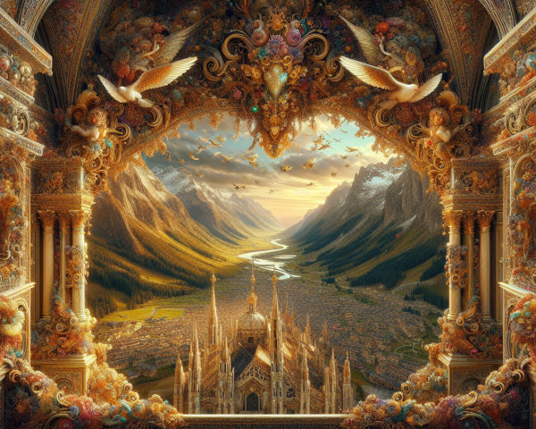 Ornate Architectural Archway with Mountain Valley View