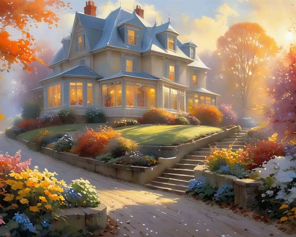 Vibrant Autumn Scene of a Grand Mansion on a Hill