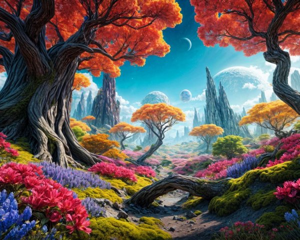 Vibrant Fantasy Landscape with Colorful Flora and Sky