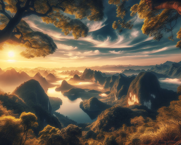 Sunset Landscape with Mountains and Serene Lake