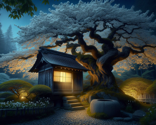 Traditional Japanese House in Serene Night Garden