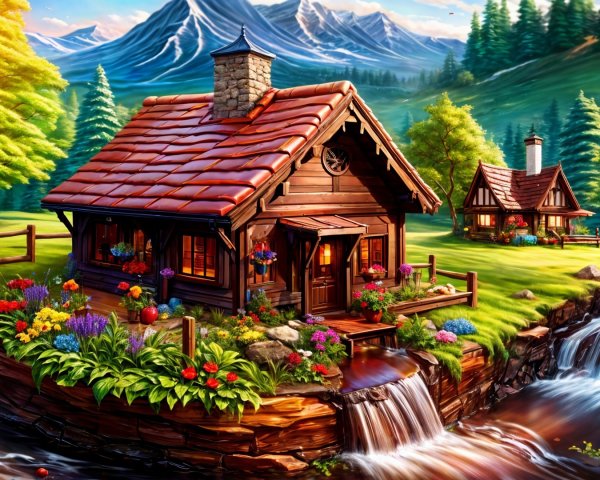 Wooden Cottages in Vibrant Landscape with Mountains