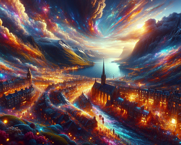 Vibrant Dreamlike City Surrounded by Mountains and Lake