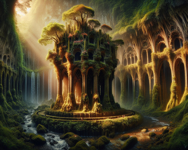 Mystical Forest Scene with Towering Tree and Stream