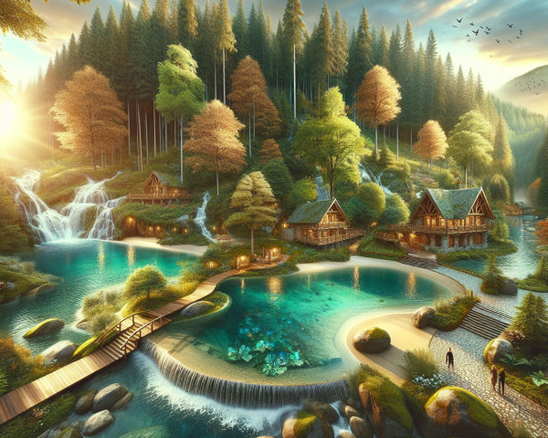 Serene Lake Landscape with Autumn Trees and Cabins
