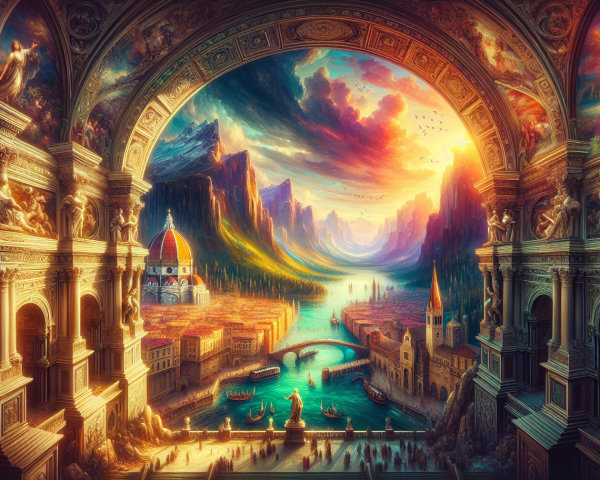 Vibrant Sunset Landscape with River and Mountains