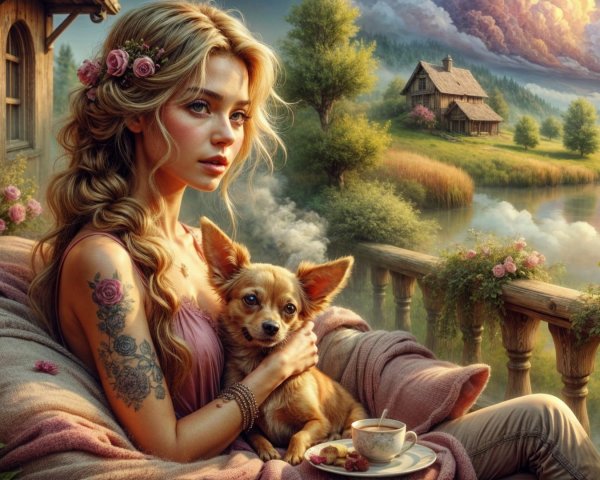 Serene Balcony Scene with Woman and Chihuahua