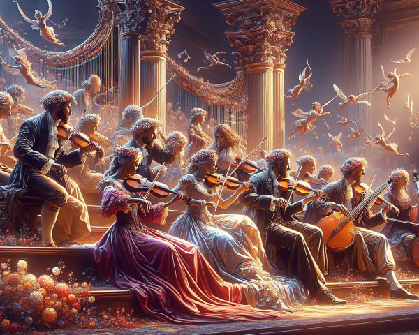 Orchestra Performance in Ornate Hall with Floral Decor