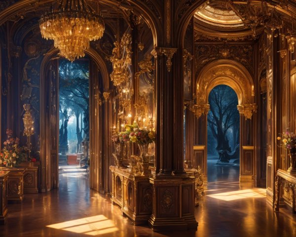 Opulent interior with golden light and ornate details