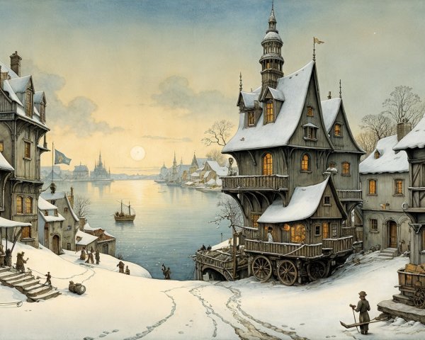 Winter Village Scene with Snow and Sunset Glow