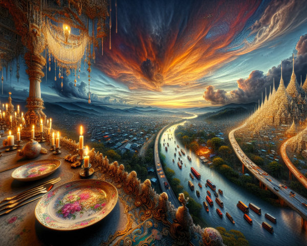 Majestic Sunset Landscape with Architectural Elements
