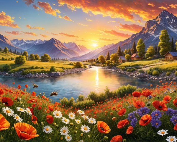 Vibrant Landscape with Hills, Flowers, and Cabins