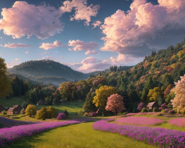 Vibrant Landscape with Hills, Flowers, and Mountains