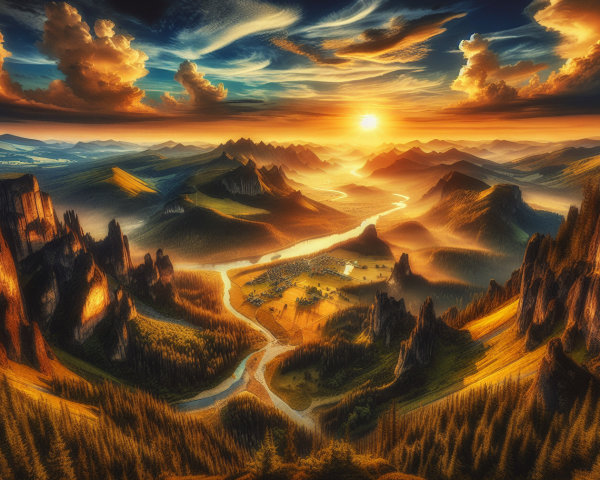 Dramatic Sunset Landscape with Mountains and River