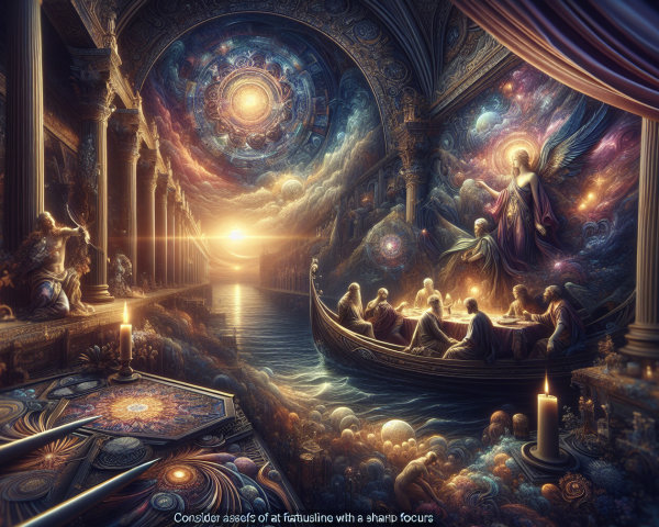 Celestial Scene in an Ornate Hall with Ethereal Figures