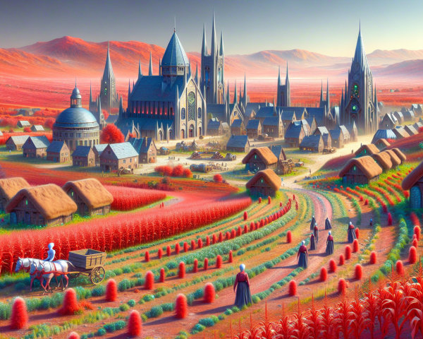 Vibrant Fantastical Landscape with Gothic City and Villages
