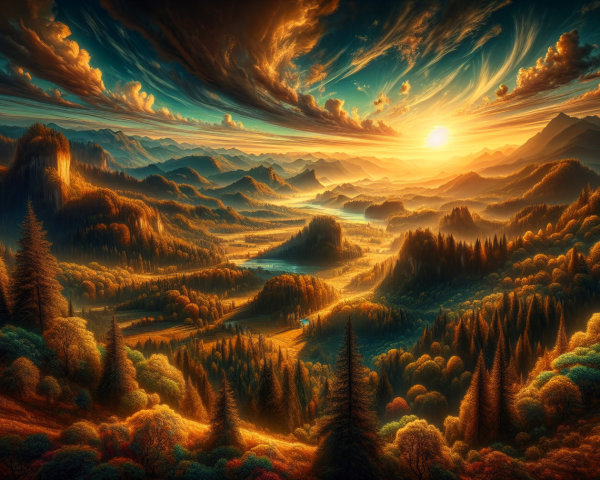 Sunset Landscape with Rolling Hills and Mountains