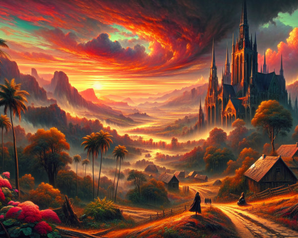 Sunset Landscape with Mountains and Castle View