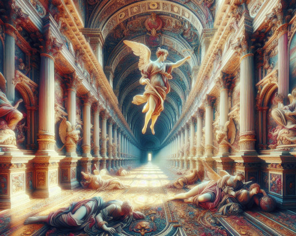 Ethereal Hall with Majestic Columns and Angelic Figure