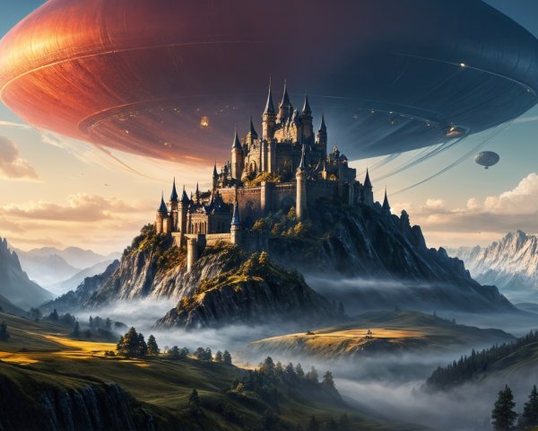 Medieval Castle with Futuristic Saucer Overhead