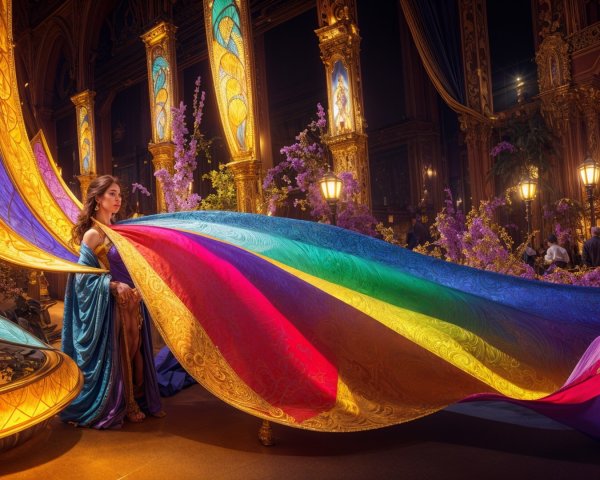 Luxurious Hall with Colorful Fabric and Flowers