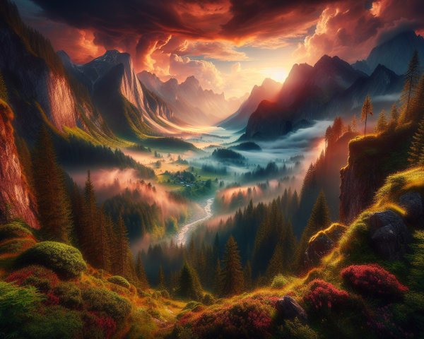 Sunset Landscape with Mountains, Valley, and River