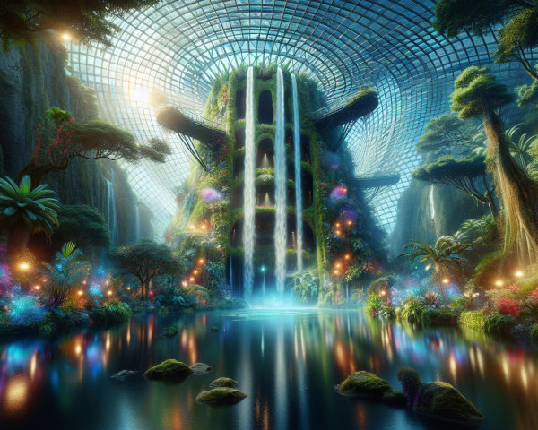 Lush Forest Under Glass Dome with Waterfalls and Lights