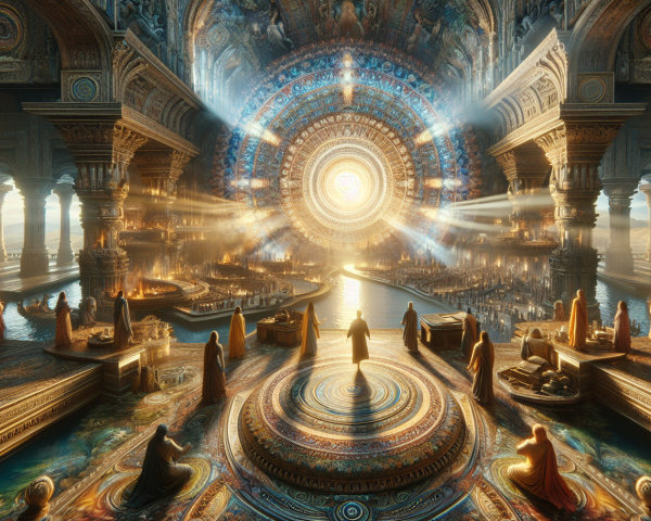 Ethereal Hall with Ancient Architecture and Mystical Atmosphere