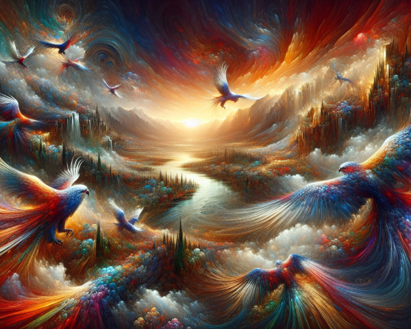 Surreal Landscape with Colorful Birds and River